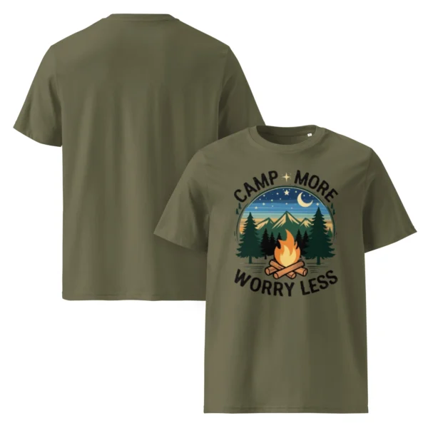 Camp More, Worry Less Organic T-Shirt – Serene Camping Vibes