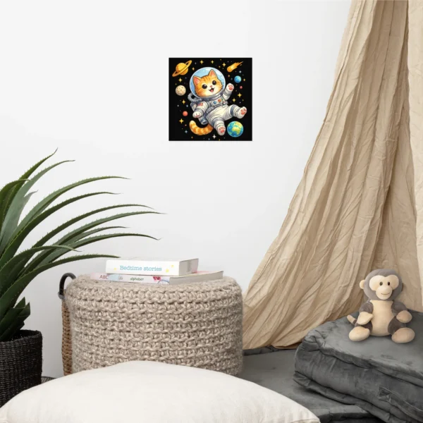 Astronaut Cat Space Poster – Cute Galaxy Cat Wall Art Print for Cat Lovers