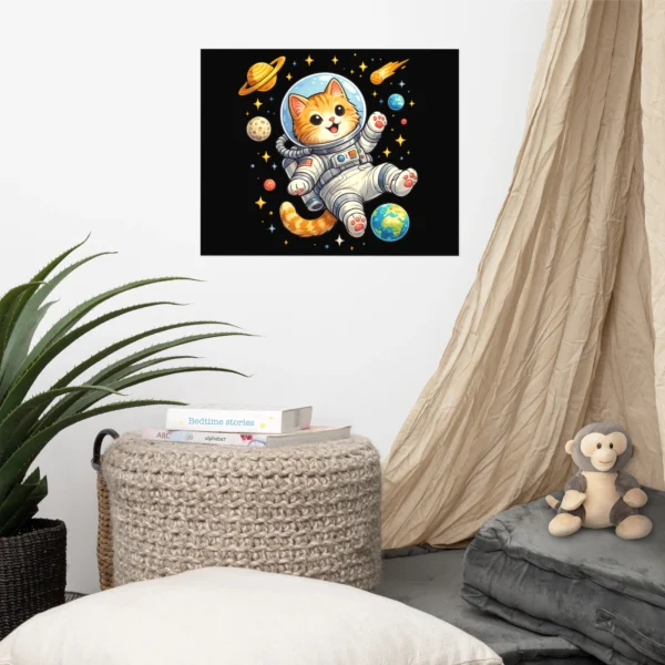 Astronaut Cat Space Poster – Cute Galaxy Cat Wall Art Print for Cat Lovers