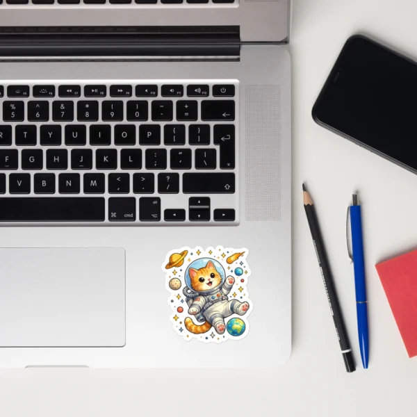 Astronaut cat kiss-cut vinyl sticker featuring cute orange tabby in spacesuit