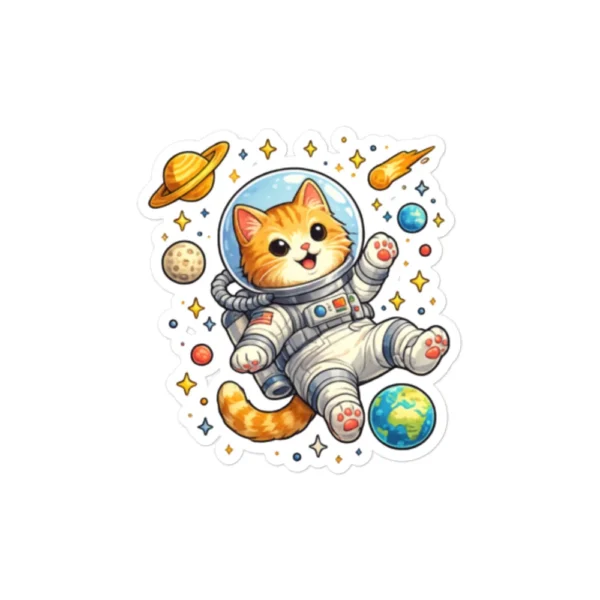 Astronaut cat kiss-cut vinyl sticker featuring cute orange tabby in spacesuit