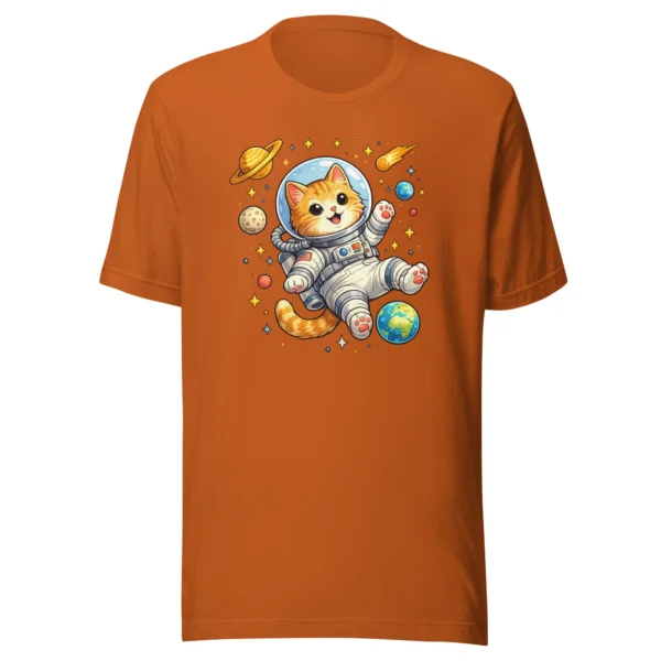 Astronaut cat t-shirt featuring a cute orange tabby in a spacesuit floating in space