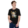 Astronaut cat t-shirt featuring a cute orange tabby in a spacesuit floating in space