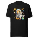 Astronaut cat t-shirt featuring a cute orange tabby in a spacesuit floating in space
