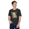Astronaut cat t-shirt featuring a cute orange tabby in a spacesuit floating in space