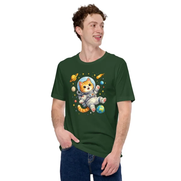 Astronaut cat t-shirt featuring a cute orange tabby in a spacesuit floating in space