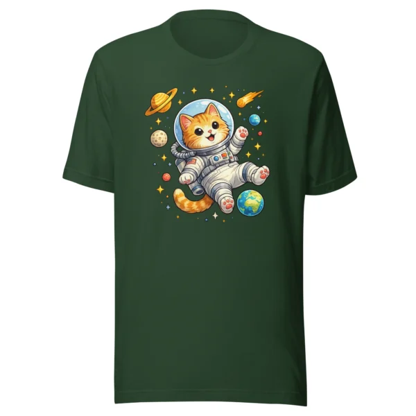 Astronaut cat t-shirt featuring a cute orange tabby in a spacesuit floating in space