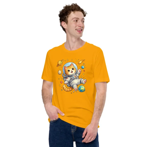 Astronaut cat t-shirt featuring a cute orange tabby in a spacesuit floating in space