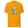 Astronaut cat t-shirt featuring a cute orange tabby in a spacesuit floating in space