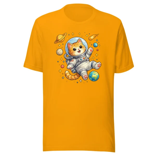 Astronaut cat t-shirt featuring a cute orange tabby in a spacesuit floating in space