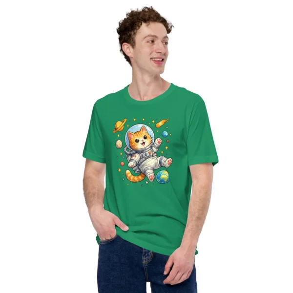 Astronaut cat t-shirt featuring a cute orange tabby in a spacesuit floating in space