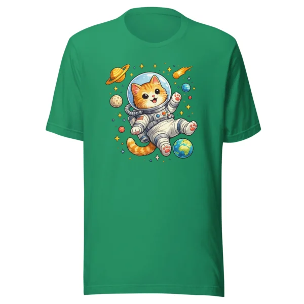 Astronaut cat t-shirt featuring a cute orange tabby in a spacesuit floating in space
