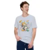 Astronaut cat t-shirt featuring a cute orange tabby in a spacesuit floating in space