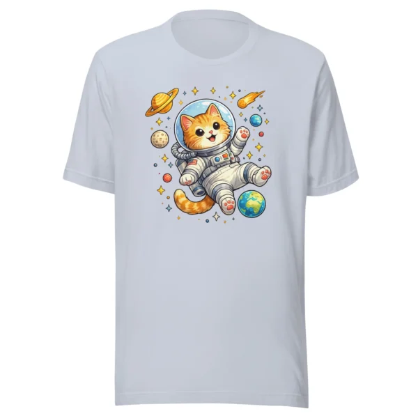 Astronaut cat t-shirt featuring a cute orange tabby in a spacesuit floating in space