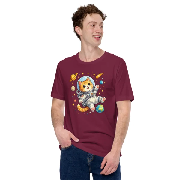 Astronaut cat t-shirt featuring a cute orange tabby in a spacesuit floating in space
