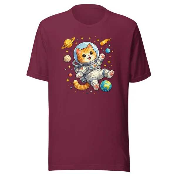 Astronaut cat t-shirt featuring a cute orange tabby in a spacesuit floating in space