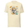Astronaut cat t-shirt featuring a cute orange tabby in a spacesuit floating in space