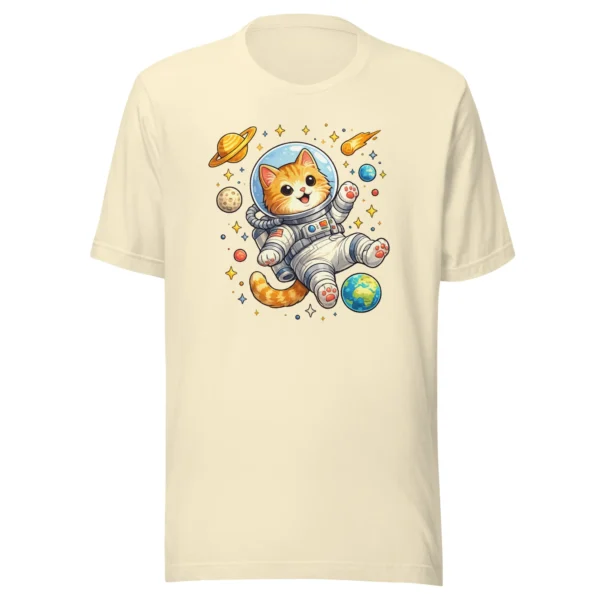 Astronaut cat t-shirt featuring a cute orange tabby in a spacesuit floating in space