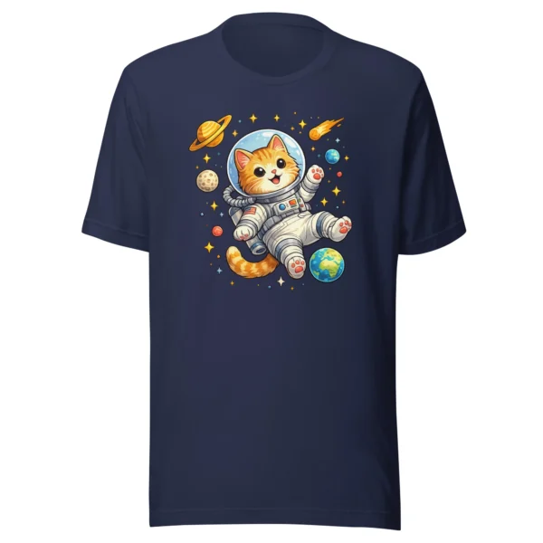 Astronaut cat t-shirt featuring a cute orange tabby in a spacesuit floating in space