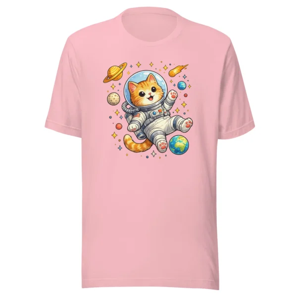 Astronaut cat t-shirt featuring a cute orange tabby in a spacesuit floating in space