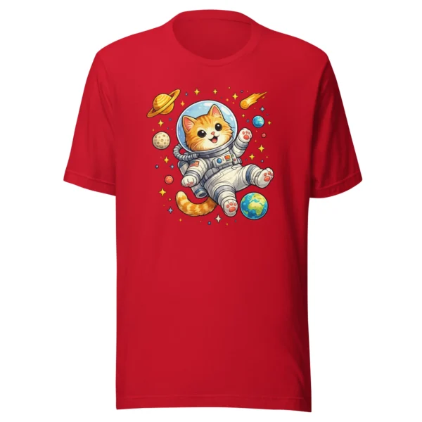 Astronaut cat t-shirt featuring a cute orange tabby in a spacesuit floating in space