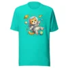 Astronaut cat t-shirt featuring a cute orange tabby in a spacesuit floating in space