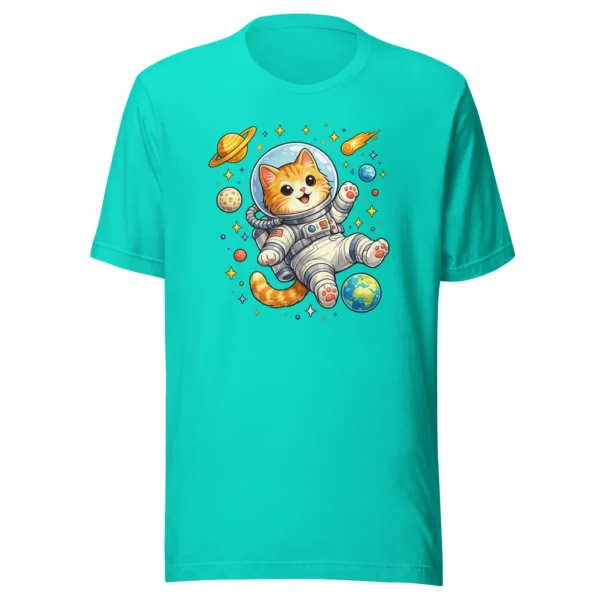 Astronaut cat t-shirt featuring a cute orange tabby in a spacesuit floating in space