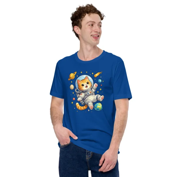 Astronaut cat t-shirt featuring a cute orange tabby in a spacesuit floating in space