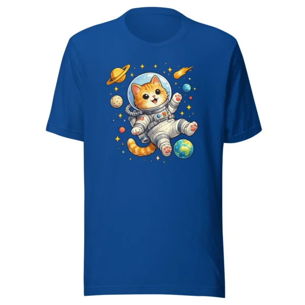 Astronaut cat t-shirt featuring a cute orange tabby in a spacesuit floating in space
