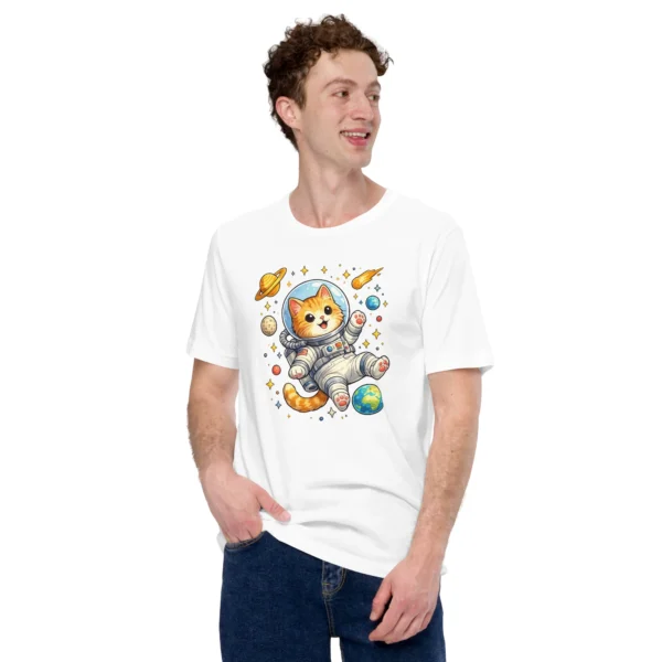 Astronaut cat t-shirt featuring a cute orange tabby in a spacesuit floating in space