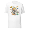 Astronaut cat t-shirt featuring a cute orange tabby in a spacesuit floating in space