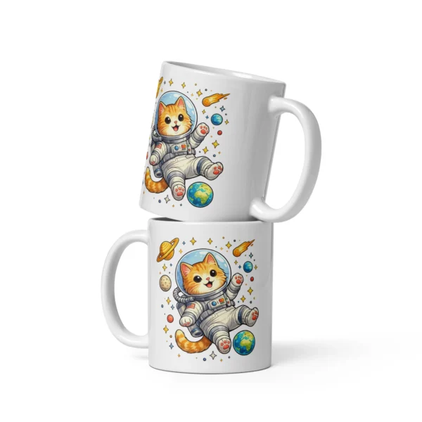 Astronaut Cat White Glossy Mug | Cute Space Cat Coffee Mug for Cat Lovers