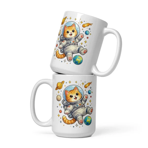 Astronaut Cat White Glossy Mug | Cute Space Cat Coffee Mug for Cat Lovers
