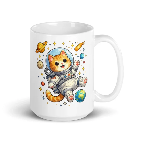 Astronaut Cat White Glossy Mug | Cute Space Cat Coffee Mug for Cat Lovers