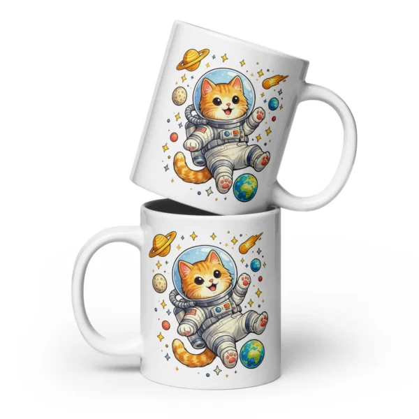 Astronaut Cat White Glossy Mug | Cute Space Cat Coffee Mug for Cat Lovers