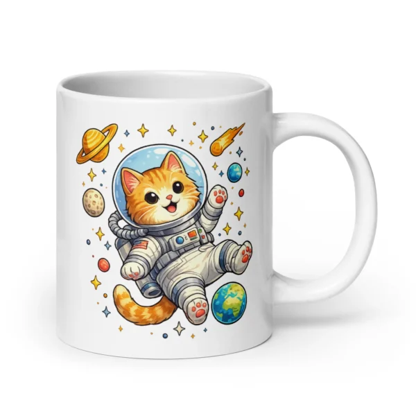 Astronaut Cat White Glossy Mug | Cute Space Cat Coffee Mug for Cat Lovers