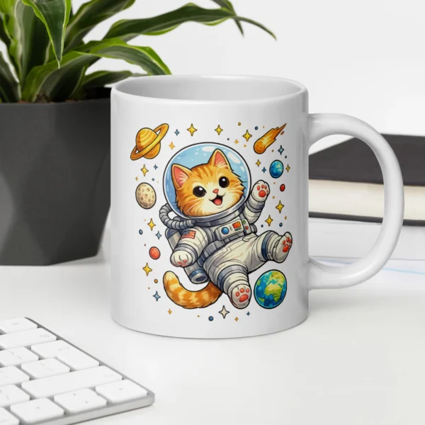 Astronaut Cat White Glossy Mug | Cute Space Cat Coffee Mug for Cat Lovers