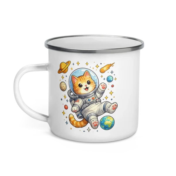 Astronaut Cat Enamel Mug – Cute Space Cat Camping Mug for Cat Lovers
