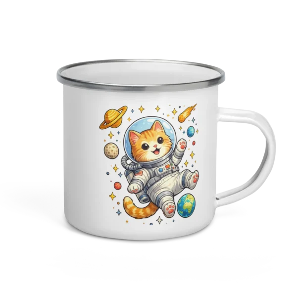 Astronaut Cat Enamel Mug – Cute Space Cat Camping Mug for Cat Lovers