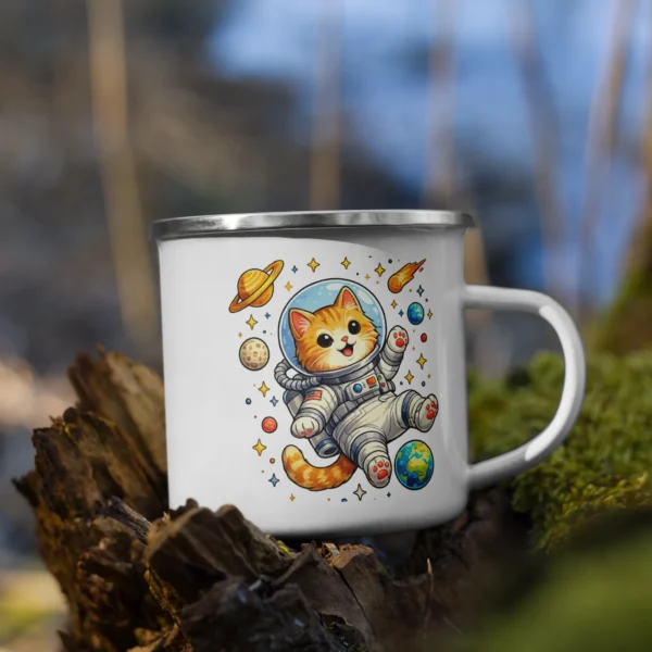 Astronaut Cat Enamel Mug – Cute Space Cat Camping Mug for Cat Lovers