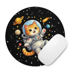 Astronaut Cat Round Mouse Pad – Cute Space Cat Desk Accessory for Cat Lovers