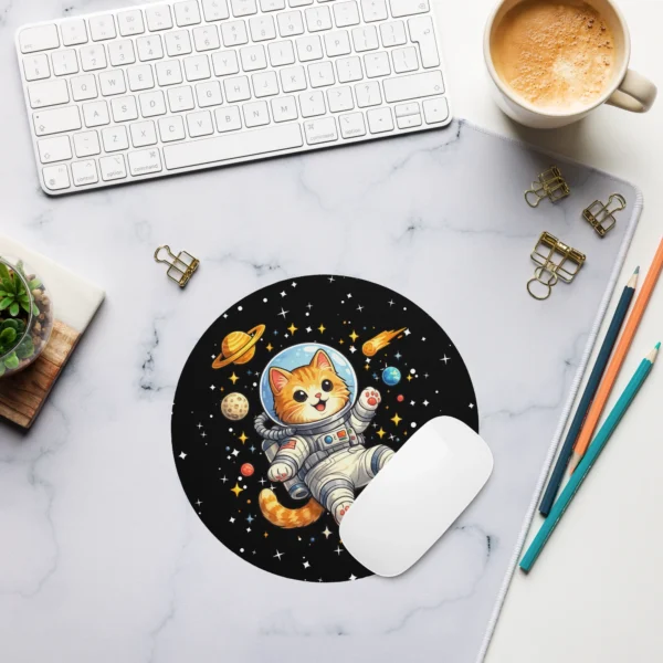 Astronaut Cat Round Mouse Pad – Cute Space Cat Desk Accessory for Cat Lovers