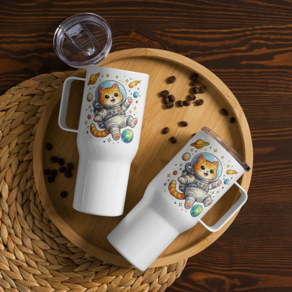 Astronaut Cat Travel Mug – Cute Space Cat Tumbler with Handle for Cat Lovers