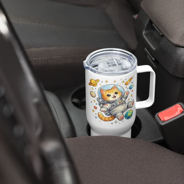 Astronaut Cat Travel Mug – Cute Space Cat Tumbler with Handle for Cat Lovers