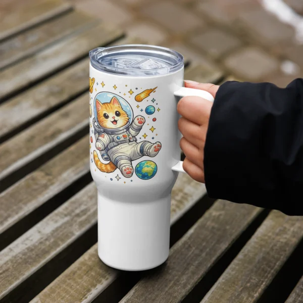 Astronaut Cat Travel Mug – Cute Space Cat Tumbler with Handle for Cat Lovers