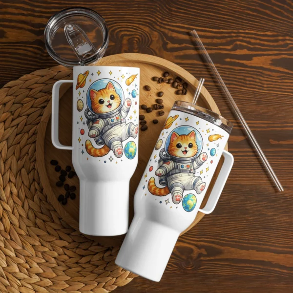 Astronaut Cat Travel Mug – Cute Space Cat Tumbler with Handle for Cat Lovers