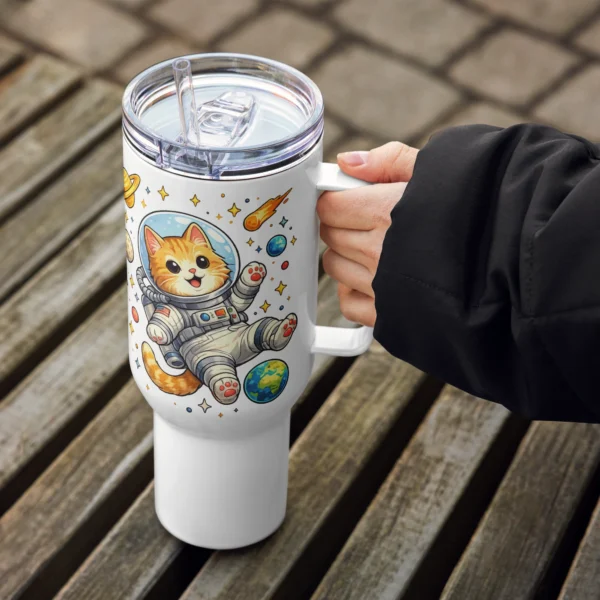 Astronaut Cat Travel Mug – Cute Space Cat Tumbler with Handle for Cat Lovers