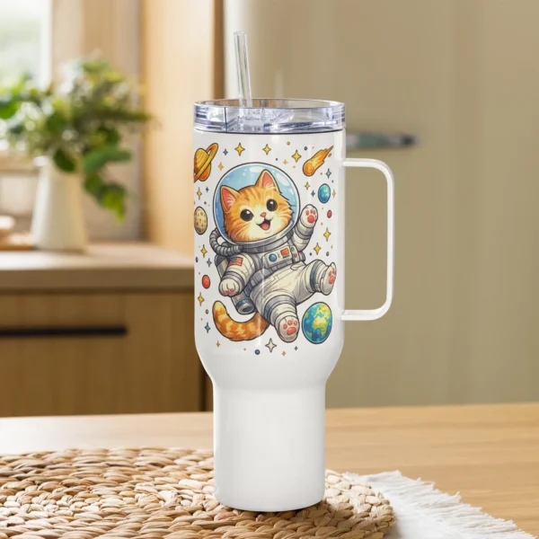 Astronaut Cat Travel Mug – Cute Space Cat Tumbler with Handle for Cat Lovers